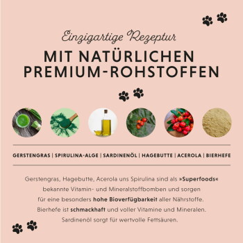 Rosa Haustier-Banner mit Pfotenabdrücken, Überschrift MIT NATÜRLICHEN PREMIUM-ROHSTOFFEN und Zutatenreihe GERSTENGRAS, SPIRULINA, SARDINENÖL.