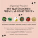Rosa Haustier-Banner mit Pfotenabdrücken, Überschrift MIT NATÜRLICHEN PREMIUM-ROHSTOFFEN und Zutatenreihe GERSTENGRAS, SPIRULINA, SARDINENÖL.