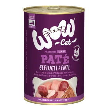 Dose WOW Cat Premium Senior Paté, mit Geflügel und Ente, mit einem lila Etikett, das "Getreidefrei" und "70% aus Geflügel" angibt.