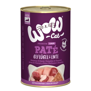 Dose WOW Cat Premium Senior Paté, mit Geflügel und Ente, mit einem lila Etikett, das "Getreidefrei" und "70% aus Geflügel" angibt.