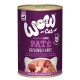 Boîte de pâté senior premium WOW Cat, contenant de la volaille et du canard, avec une étiquette violette indiquant "Sans céréales" et "70% de volaille."