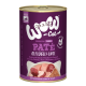 Dose WOW Cat Premium Senior Paté, mit Geflügel und Ente, mit einem lila Etikett, das "Getreidefrei" und "70% aus Geflügel" angibt.