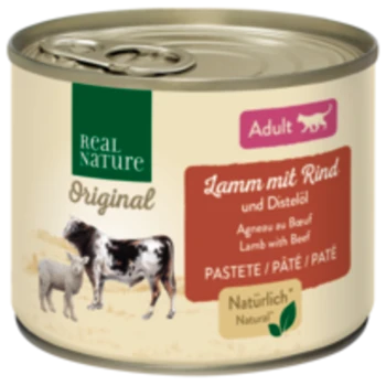 Dosenfutter für Haustiere mit der Aufschrift "Real Nature Original", das "Lamm mit Rind" für Erwachsene zeigt, mit Bildern eines Lamms und einer Kuh.