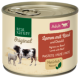 Karma w puszce dla zwierząt oznaczona "Real Nature Original" z "Lamm mit Rind" (Jagnięcina z Wołowiną) dla dorosłych, z obrazami jagnięcia i krowy.