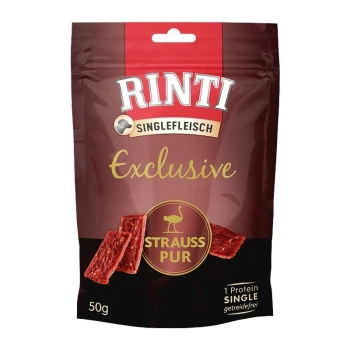 Rinti Exclusive Single Protein Hundeleckerlis, 50g Packung, mit Straußenfleisch, mit dem Text "STRAUSS PUR" und "1 Protein SINGLE."