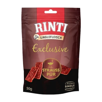 Rinti Exclusive Single Protein Hundeleckerlis, 50g Packung, mit Straußenfleisch, mit dem Text "STRAUSS PUR" und "1 Protein SINGLE."