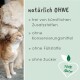 Ein Hund leckt den Kopf einer Katze. Text listet Ansprüche an natürliche Produkte auf: "frei von künstlichen Zusatzstoffen," "ohne Konservierungsstoffe," und mehr.