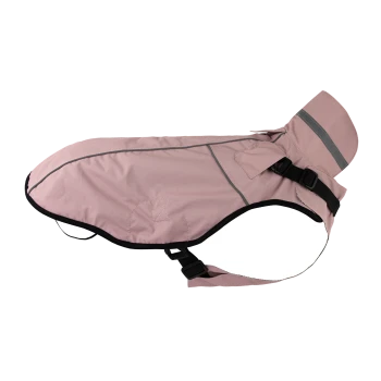 Helle rosa Hundejacke mit reflektierenden Streifen und verstellbaren Schnallen, entworfen für Wärme und Komfort bei Outdoor-Aktivitäten.