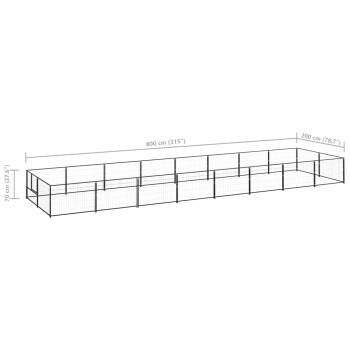 Ein schwarzes Metall-Haustiergehege mit den Abmessungen: 800 cm (315") lang, 200 cm (78,7") breit und 70 cm (27,6") hoch.