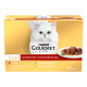 Boîte Purina Gourmet Gold pour chat avec chat blanc à poil long, assiette de nourriture humide et étiquette «GOURMET Gold»