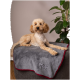 Ein flauschiger Hund liegt auf einer grauen Decke mit rotem Rand, ruht auf einer gepolsterten Oberfläche, mit einer grünen Pflanze im Hintergrund.