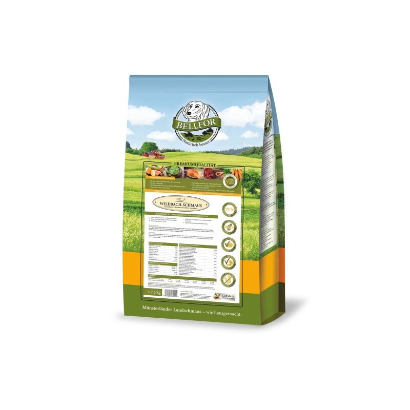 Bellfor Trockenfutter für Hunde mit Wildlachs und Bachforelle - Wildbach-Schmaus - 7,5 kg