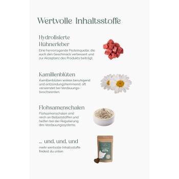Produktbeschreibung für Haustierfutterzutaten wie hydrolysiertes Hühnerleber und Kamille, mit dem Paket "Darmglück Bites" darunter.