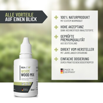 Flasche mit REAVET Wermut-Mix, ein natürliches Haustierprodukt mit echtem Wermut, das Vorteile wie hohe Akzeptanz und einfache Dosierung bietet.