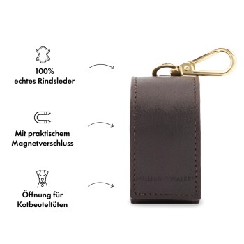 Brauner Leder-Hundekotbeutelhalter mit einem goldenen Clip, mit Text über 100% echtes Leder, magnetischem Verschluss und einer Öffnung für Beutel.