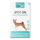 OptiPet Spot On Antiparasitenbehandlung für Hunde, mit Basenji-Illustration und mehrsprachigen Ansprüchen gegen Flöhe, Zecken und Milben.