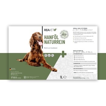 Etikett für REAVET Hanföl Naturrein, mit einem glücklichen Hund, mit Text, der hervorhebt, dass es reich an Linolsäure ist und für Hunde und Katzen geeignet ist.
