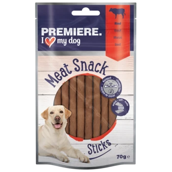 "Premiere I Love My Dog" Fleischsnack-Sticks für Hunde, mit einem lächelnden Labrador und Geschmacksrichtungen: Rind, Manzo, mit Nährwertinformationen.