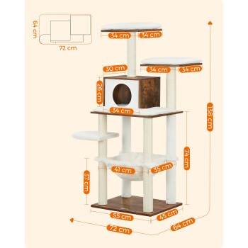 Katzenbaum mit mehreren Plattformen und einem gemütlichen Versteck, mit den Abmessungen: Höhe 138 cm, Breite 72 cm, Tiefe 64 cm.