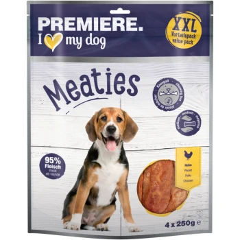Emballage de Premiere I Love My Dog Meaties présentant un chien heureux, indiquant 95 % de viande, avec des images de poulet et un pack économique de 4x250g.