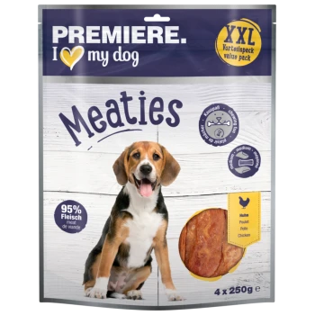 Premiere I Love My Dog Meaties Verpackung mit einem glücklichen Hund, der 95% Fleisch angibt, mit Bildern von Hähnchen und einem Wertpaket von 4x250g.
