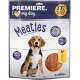 Premiere I Love My Dog Meaties Verpackung mit einem glücklichen Hund, der 95% Fleisch angibt, mit Bildern von Hähnchen und einem Wertpaket von 4x250g.