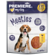 Premiere I Love My Dog Meaties Verpackung mit einem glücklichen Hund, der 95% Fleisch angibt, mit Bildern von Hähnchen und einem Wertpaket von 4x250g.