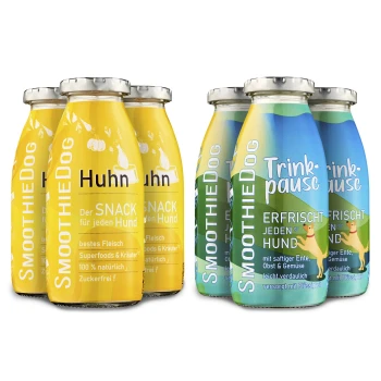 Huhn 3x 250 ml + Trinkpause 3x 250 ml Zwei Hundesnacks: gelbes "Huhn" mit natürlichen, zuckerfreien Zutaten; grünes "Trinkpause" mit Ente, Früchten und Gemüse zur Hydration.