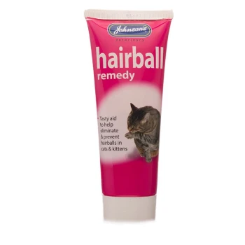 Johnson's Veterinary Hairball Remedy tube, pink packaging featuring a cat, claims to help eliminate and prevent hairballs in cats and kittens.