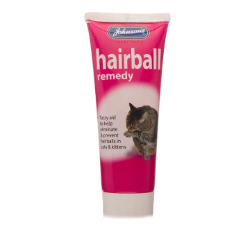 Johnson's Veterinary Hairball Remedy tube, pink packaging featuring a cat, claims to help eliminate and prevent hairballs in cats and kittens.