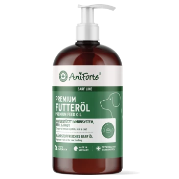 Flasche mit Premium-Futteröl für Haustiere, beschriftet in Deutsch mit Text, der die Unterstützung für das Immunsystem, die Haut und das Fell hervorhebt.