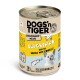 Dosenkatzenfutter mit der Aufschrift 'DOGS'n TIGER', mit einem verspielten Kätzchen auf der Vorderseite, mit Text, der 70% Huhn und Forelle angibt.