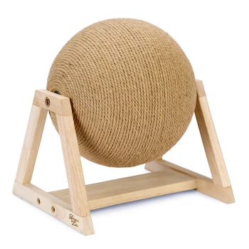 Natürlicher Sisal-Kratzbaum für Katzen mit einer runden, strukturierten Oberfläche, unterstützt von einem stabilen Holzrahmen.
