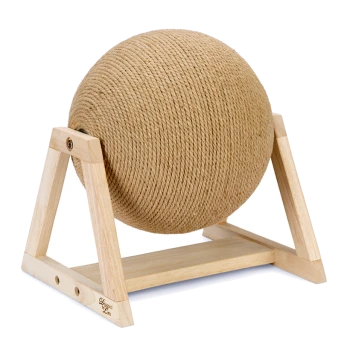 Natürlicher Sisal-Kratzbaum für Katzen mit einer runden, strukturierten Oberfläche, unterstützt von einem stabilen Holzrahmen.