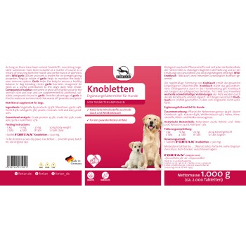 Nahrungsergänzungsmittel für Hunde, "Knobbletten" von Fortan, mit einem Golden Retriever und einem Welpen. Die Zutaten umfassen Knoblauch und wilden Knoblauch.