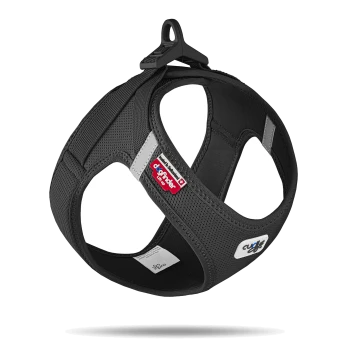 Harnais noir pour chien avec un design en maille, présentant une étiquette de logo rouge et blanc et un clip robuste pour attacher la laisse.