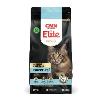 Gain Elite Indoor Hairball Chicken cat food, 800g bag, featuring a close-up of a fluffy cat on the front, emphasizing complete nutrition.