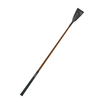 Ein schlankes, braunes und schwarzes Haustierpflegewerkzeug mit einem breiten, flachen Kopf und einem strukturierten Griff, beschriftet mit "FLECK."