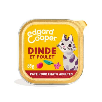 Pâté de nourriture pour chat Edgard Cooper dans un contenant jaune de 85g avec une illustration de chat gris et "Dinde et Poulet" pour les chats adultes.