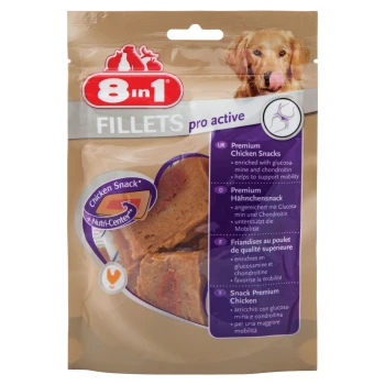 8in1 Fillets pro aktive Hundeleckerlis Verpackung mit hochwertigen Hähnchensnacks, angereichert mit Glucosamin und Chondroitin zur Unterstützung der Mobilität.