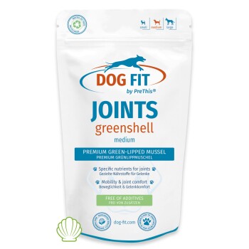 DOG FIT JOINTS greenshell mittelgroßer Hundeergänzungsbeutel — Premium Grünlippmuschel, 'Ohne Zusatzstoffe'.