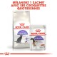 Emballage Royal Canin montrant un sac de nourriture sèche pour chats stérilisés réguliers et un sachet de nourriture humide stérilisée de 85 g, promouvant le mélange des deux.