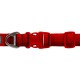 Rotes Hundehalsband mit einer silbernen Metallschnalle und verstellbaren Kunststoffclips, mit dem Markennamen "RUFFWEAR" auf der Schnalle.