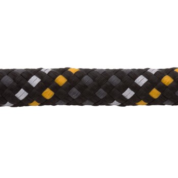 Eine Nahaufnahme eines geflochtenen Hundespiels mit schwarzen, grauen und gelben Strängen, die ein robustes und farbenfrohes Design zeigen.