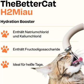 Eine Katze trinkt aus einem Brunnen mit der Aufschrift 'TheBetterCat H2Miau Hydration Booster', der Zutaten zeigt und darauf hinweist, dass es an heißen Tagen großartig ist.