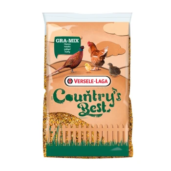 Country's Best Gra-Mix Ardense Mix 20 kg Een zak Versele-Laga Country's Best gevogeltevoer, met kleurrijke illustraties van een fazant, hen, kuiken en kwartel op een lichtbruine achtergrond.