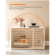 Ein schickes Katzengehege mit Lamellentüren, einer entspannten Katze in einer Katzentoilette und Dekoration oben. Text: "Lamellentüren bieten Ihrer Katze Privatsphäre."