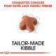 Croquettes en forme d'étoile, étiquetées "Croquettes sur mesure" pour Jack Russell Terriers, avec un fond blanc et un texte rouge.