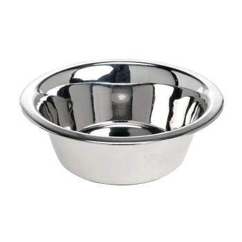 Stainless steel pet bowl with a reflective surface, shown against a white background.