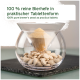 100% reines Bierhefe in praktischer Tablettenform, in einem Glasbehälter mit einem Hügel aus Pulver über runden Tabletten präsentiert.